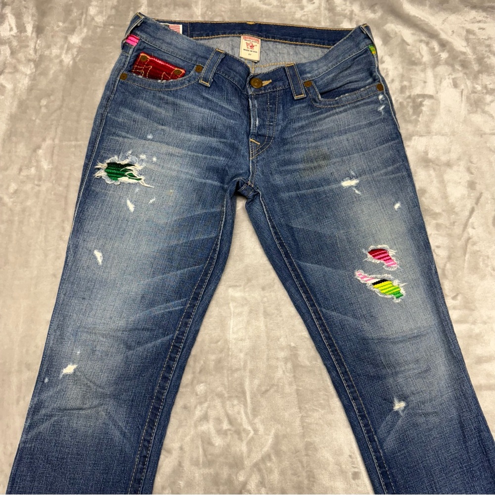 True Religion Skinny Jeans with Multicolor Patch Women’s World Tour Size 27 Y2K